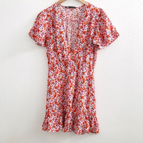 ZARA Floral Print Short Sleeves Mini Dress Size Small - Picture 2 of 11